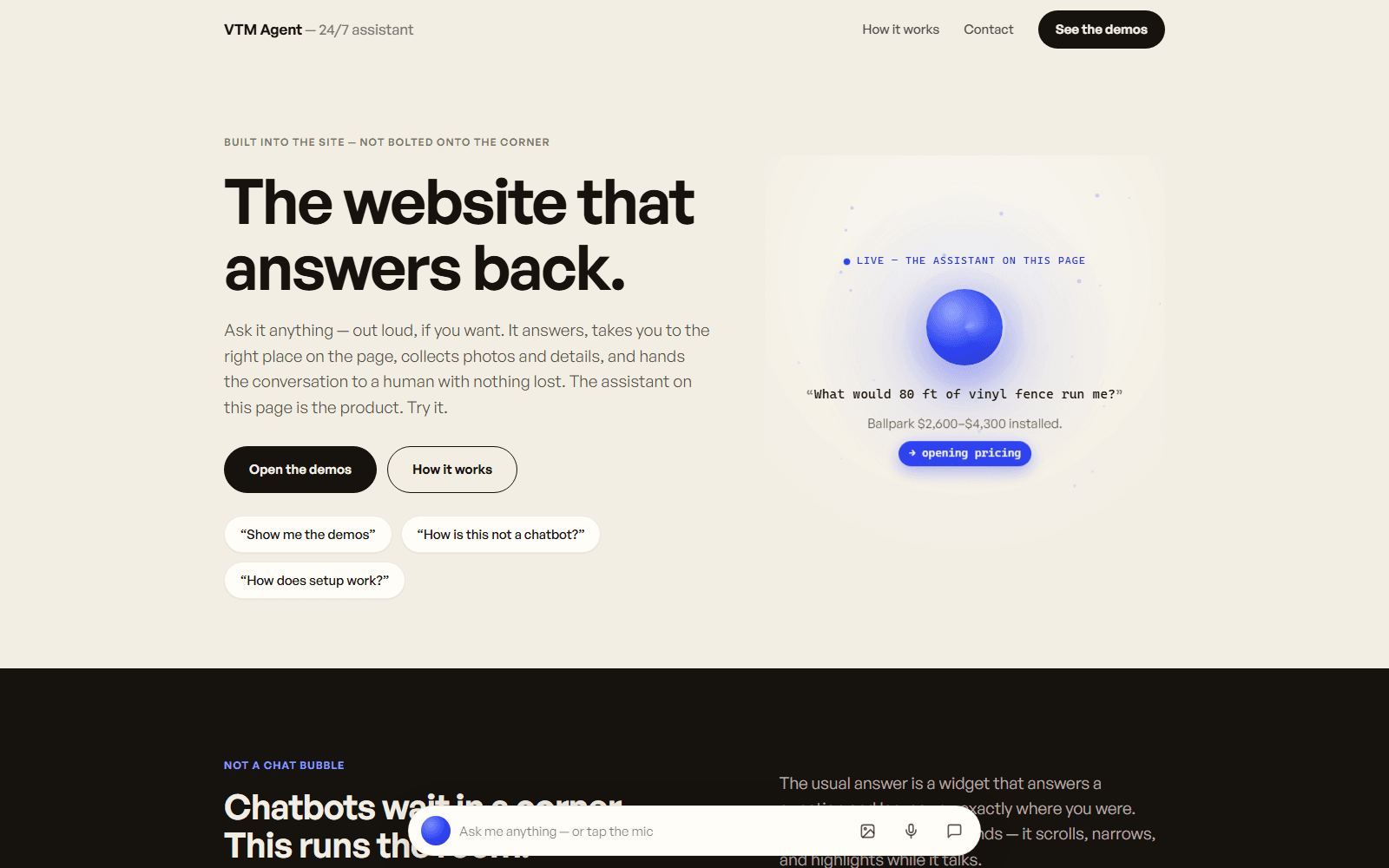 The VTM Agent hero: The website that answers back.