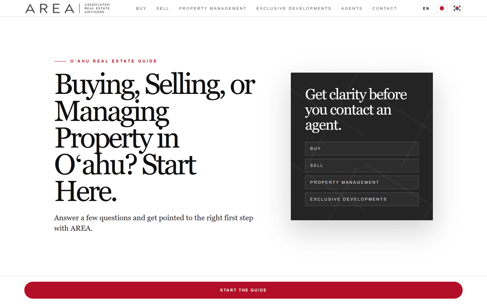 The Associated Real Estate Advisors guided website, asking visitors to get clarity before contacting an agent.