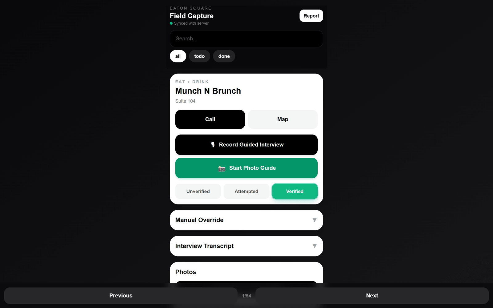 The Eaton Square Field Capture app: a business record with Call, Map, Record Guided Interview, and Start Photo Guide actions.