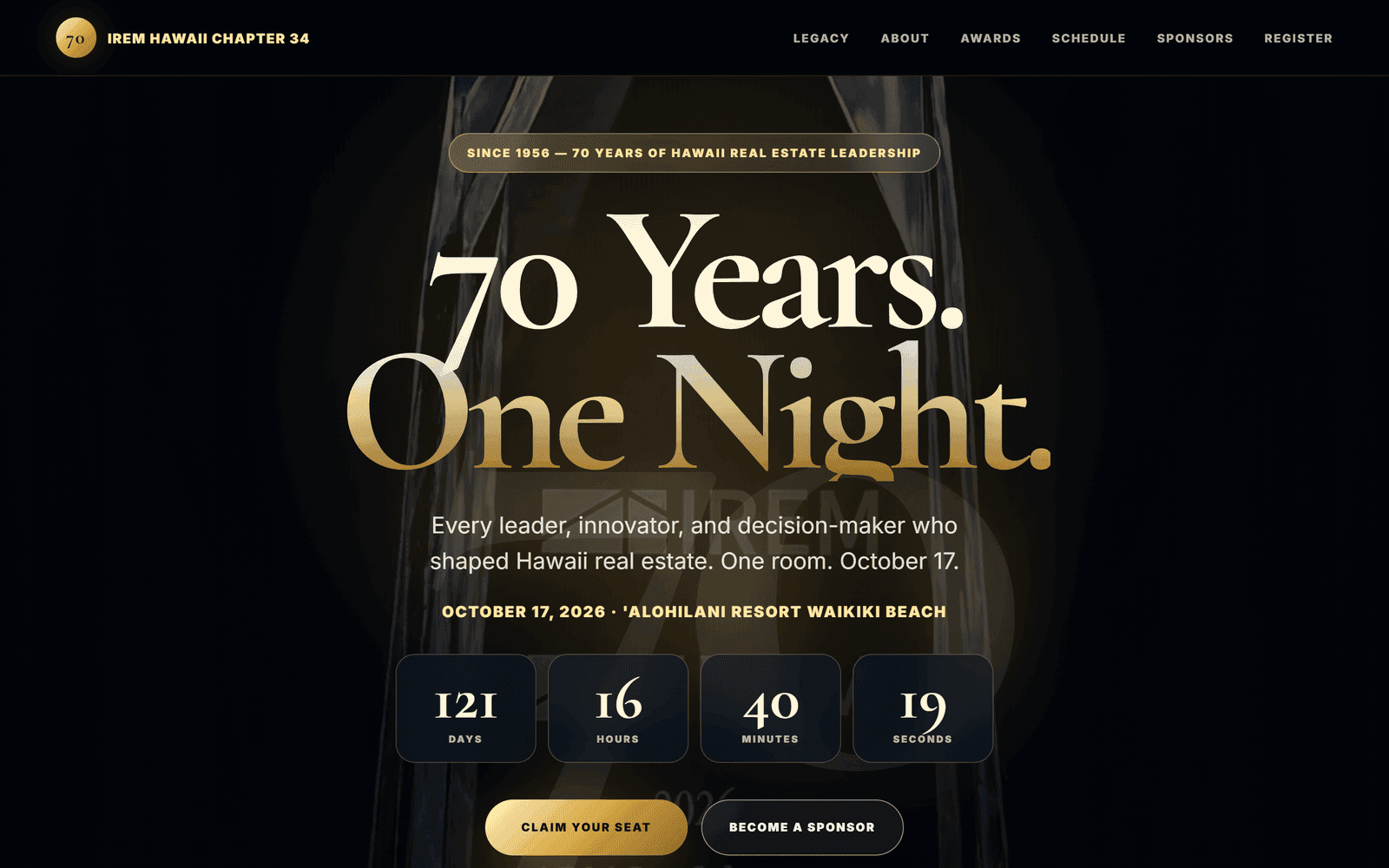 The IREM Hawaii 70th anniversary event page hero: “70 Years. One Night.” with a countdown and Claim Your Seat / Become a Sponsor actions.