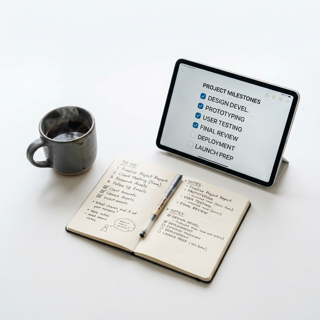 A clean organized desk with a ceramic coffee mug and tablet checklist representing peaceful automation