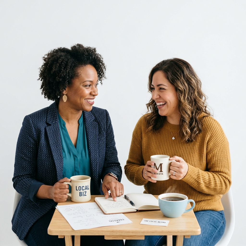 Two business partners smiling and collaborating warmly in a coffee shop