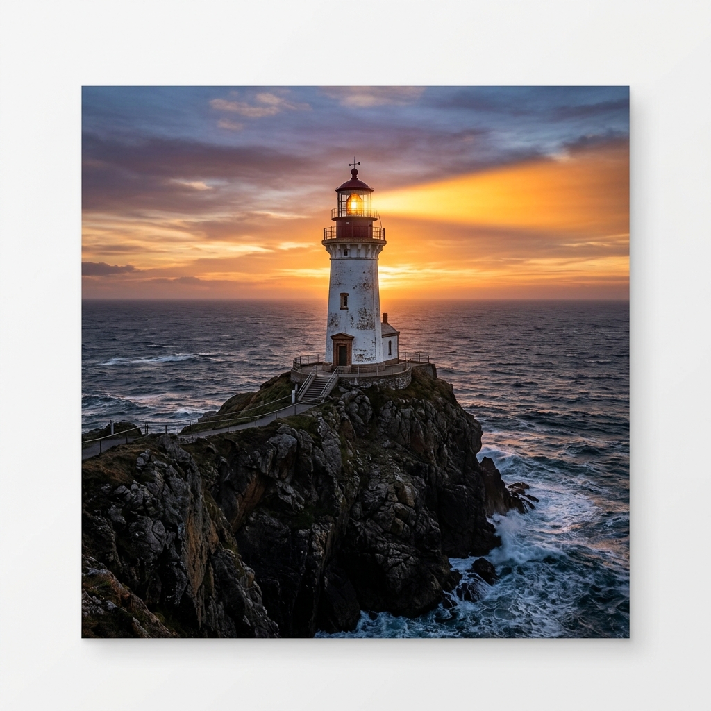A majestic white lighthouse casting a warm gold beam of guiding light across calm sea sunset