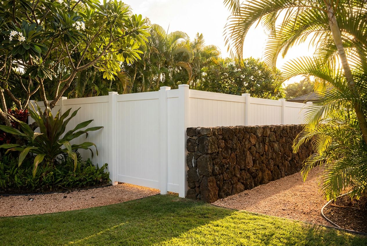 A new vinyl privacy fence meeting a lava rock wall in an Oahu yard