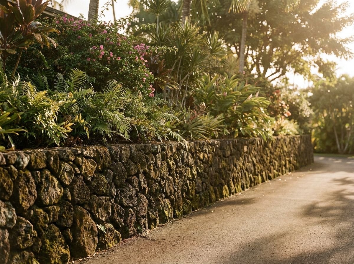 A hand-laid moss rock retaining wall along a residential driveway