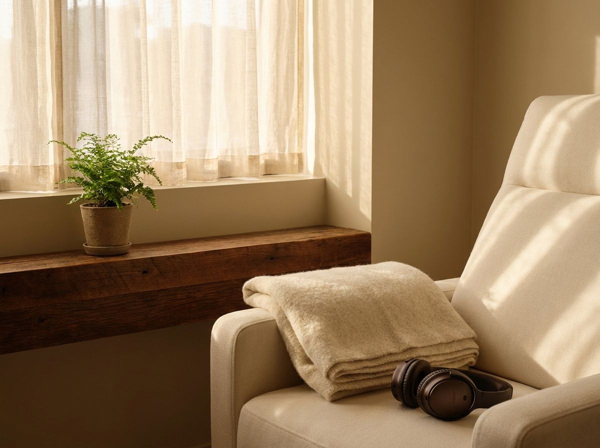 A treatment room corner: folded blanket, headphones, a plant in warm light