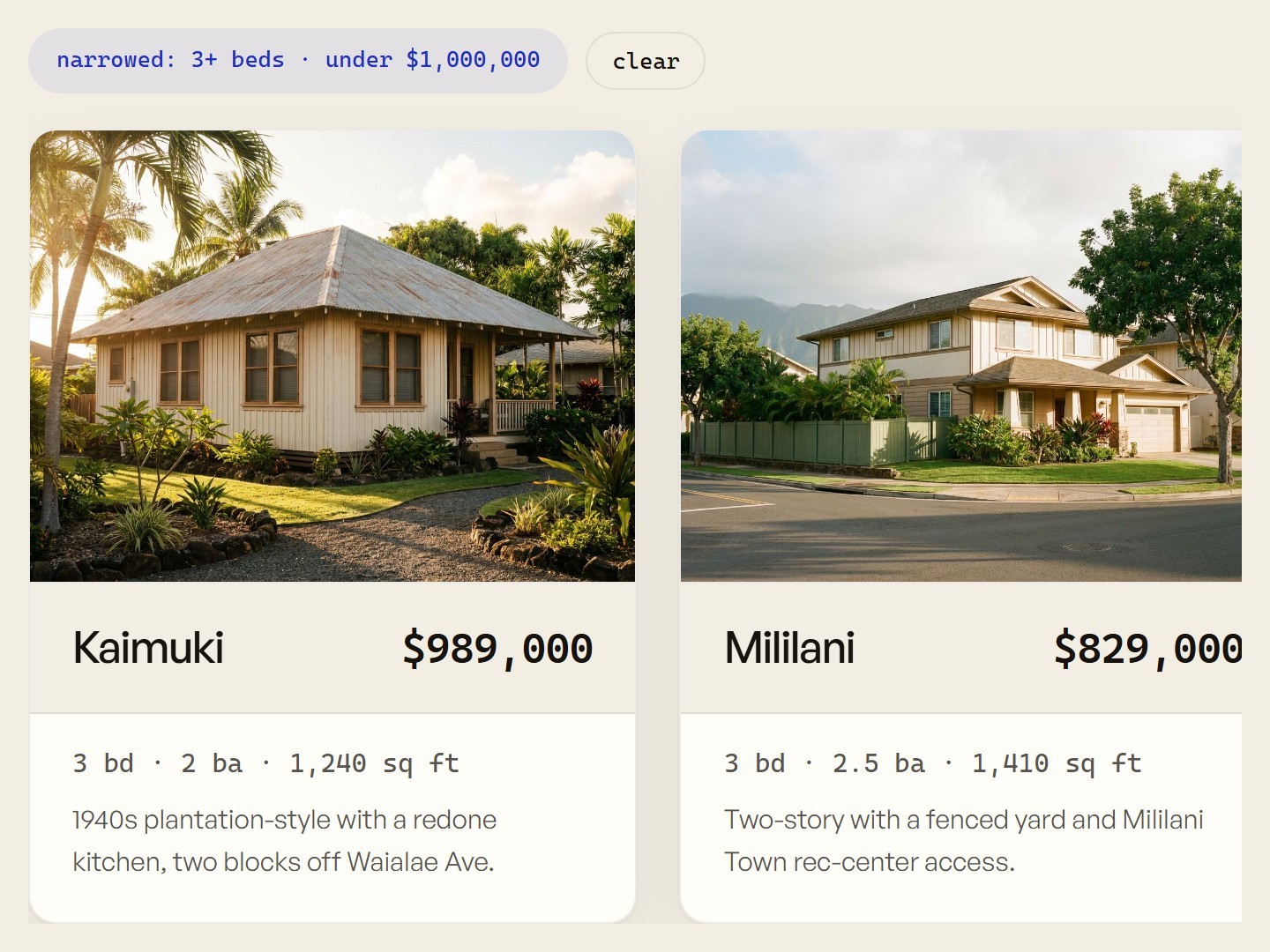 The assistant narrowing six listings to the two that fit while the visitor watches