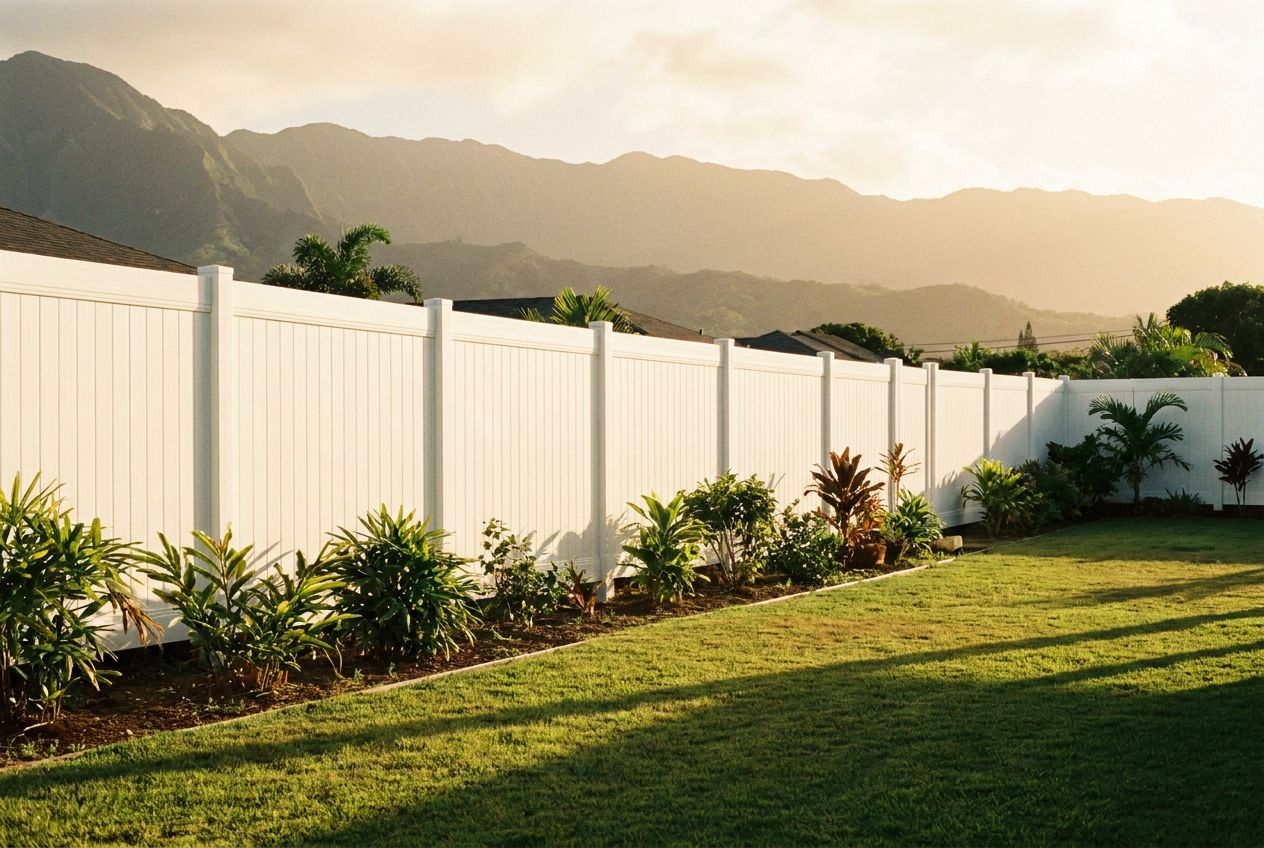 A new white vinyl fence line along a green Oahu yard