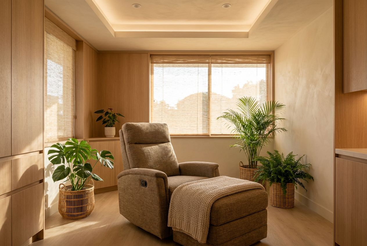 A calm, warm dental studio interior with plants