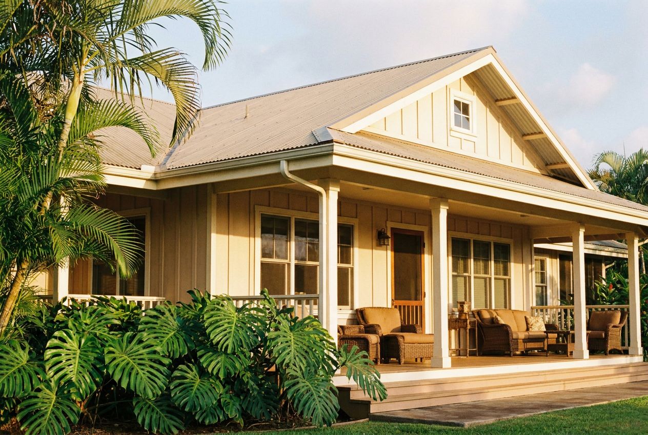 A plantation-style Hawaii home behind tropical foliage